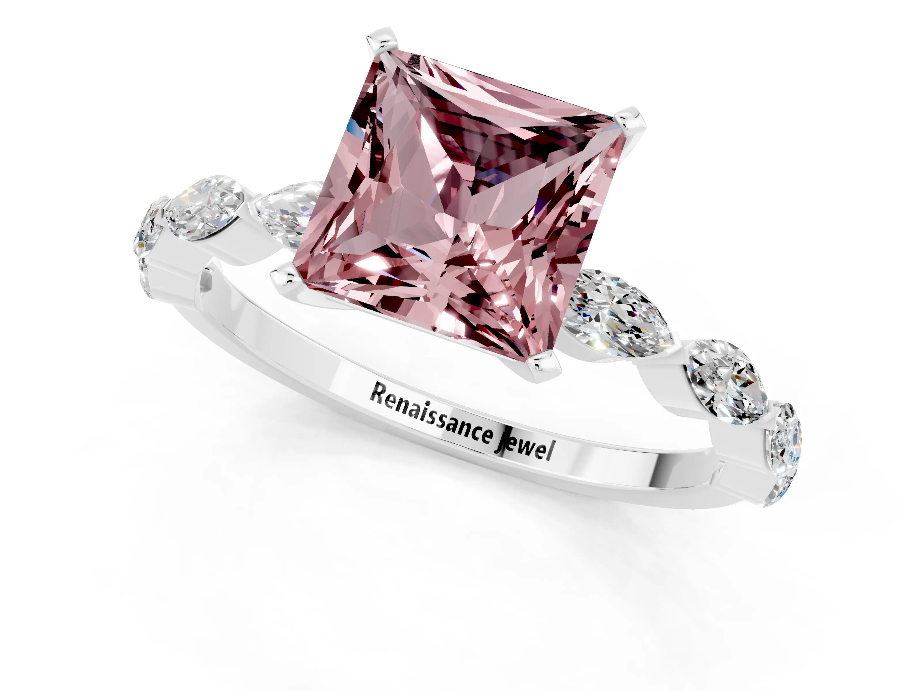 White gold Princess Cut Morganite Ring with Marquise Side Stones and Prong Setting_1