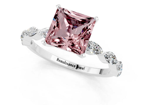 White gold Princess Cut Morganite Ring with Marquise Side Stones and Prong Setting_1