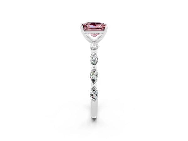 Silver Princess Cut Morganite Ring with Marquise Side Stones and Prong Setting