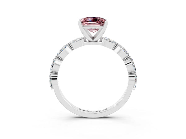White gold Princess Cut Morganite Ring with Marquise Side Stones and Prong Setting