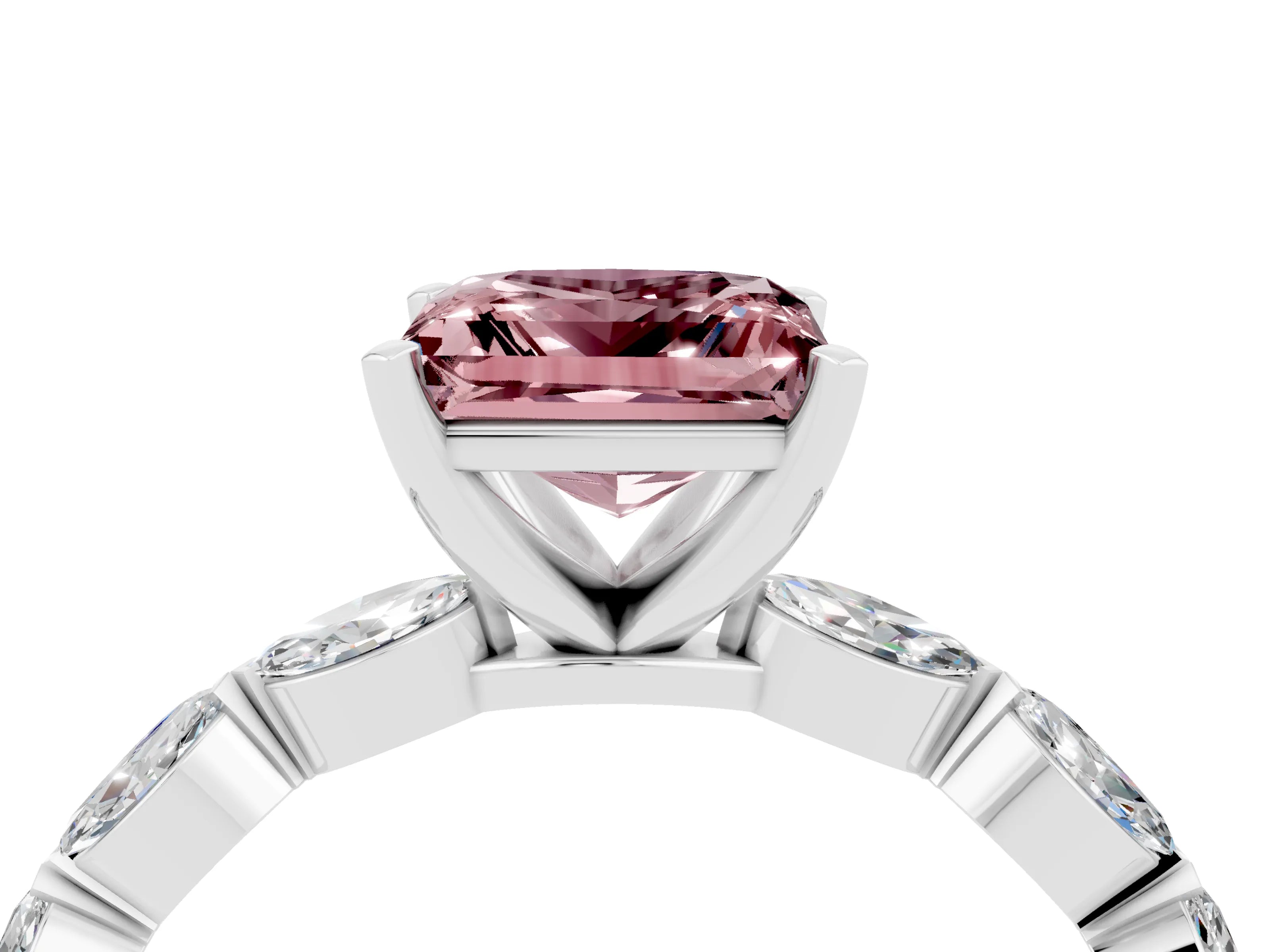 White gold Princess Cut Morganite Ring with Marquise Side Stones and Prong Setting_4
