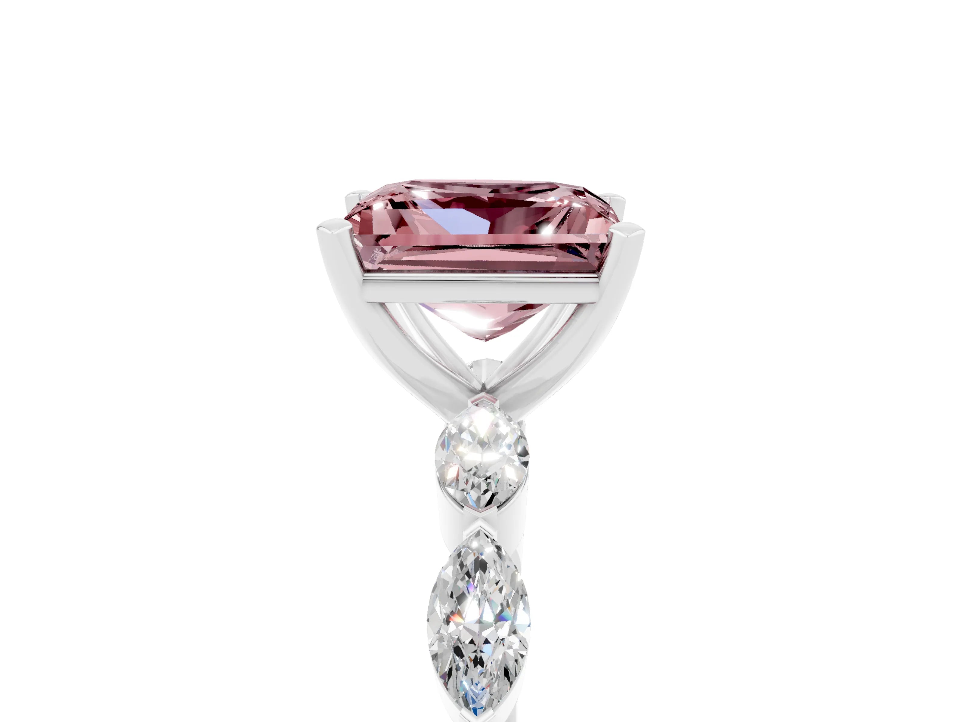 White gold Princess Cut Morganite Ring with Marquise Side Stones and Prong Setting_5