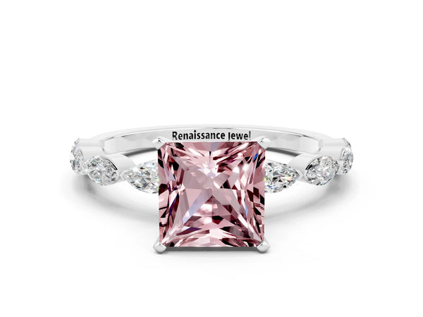 Silver Princess Cut Morganite Ring with Marquise Side Stones and Prong Setting