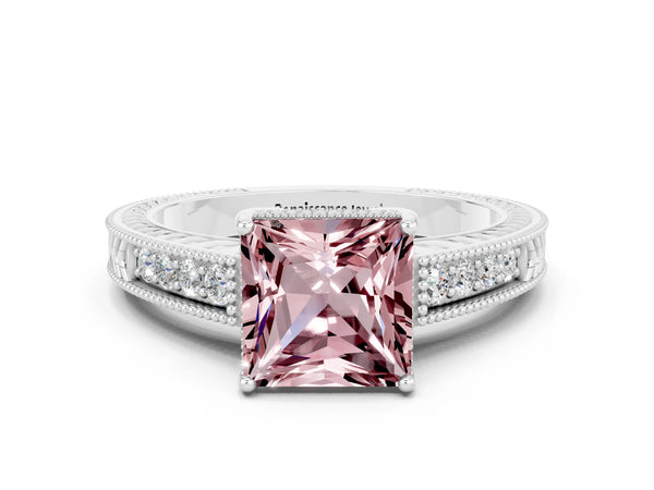 Platinum Princess Cut Morganite Ring with Milgrain Pavé Band and Four-Prong Setting