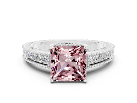 White gold Princess Cut Morganite Ring with Milgrain Pavé Band and Four-Prong Setting_12
