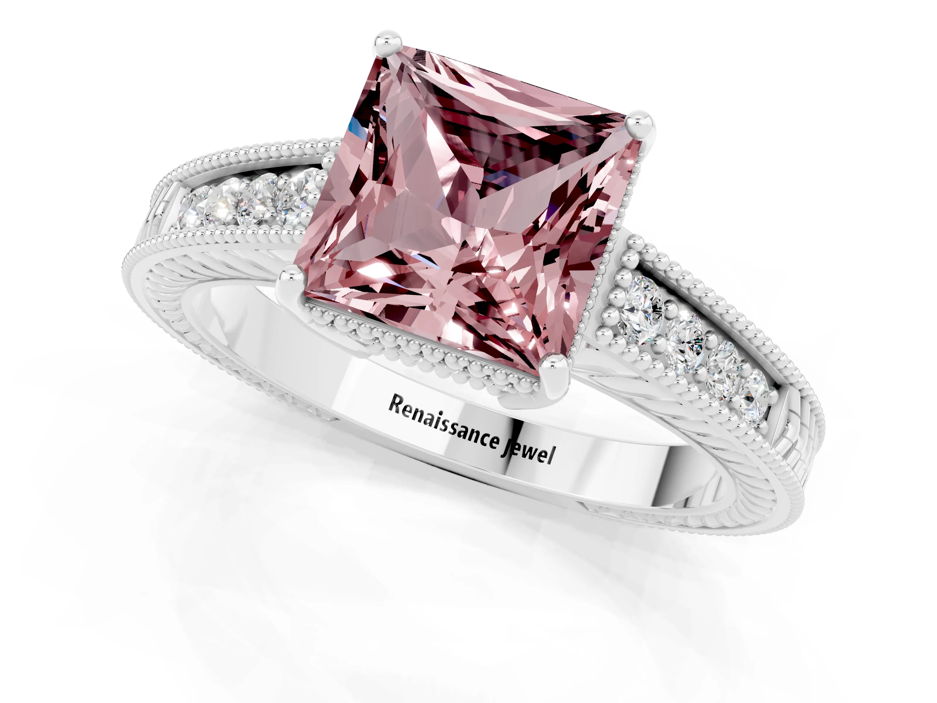 White gold Princess Cut Morganite Ring with Milgrain Pavé Band and Four-Prong Setting_13