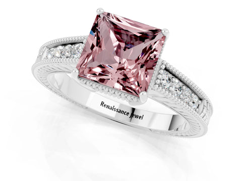 White gold Princess Cut Morganite Ring with Milgrain Pavé Band and Four-Prong Setting_13