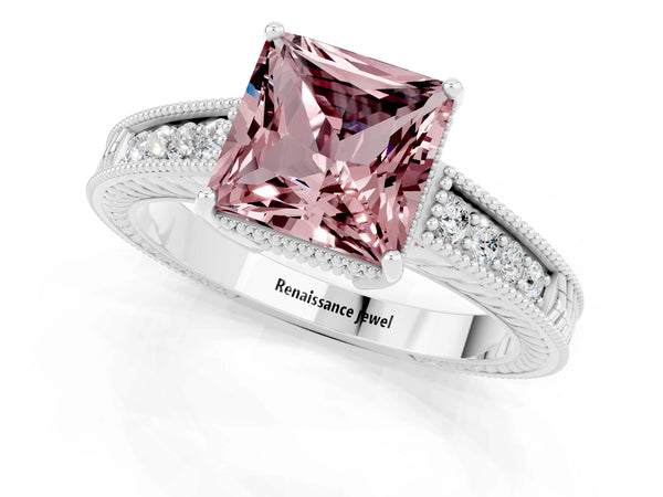 Silver Princess Cut Morganite Ring with Milgrain Pavé Band and Four-Prong Setting