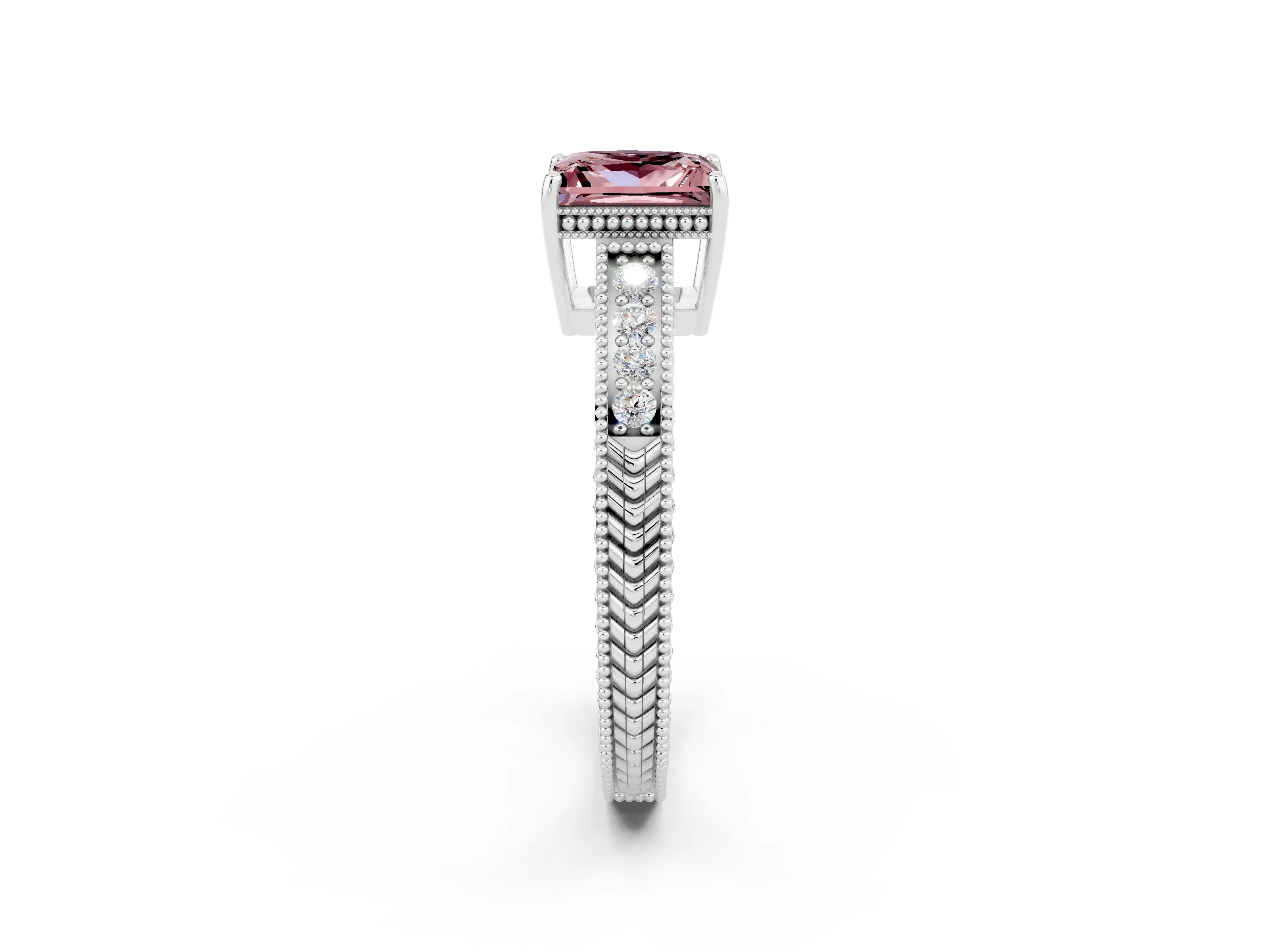 White gold Princess Cut Morganite Ring with Milgrain Pavé Band and Four-Prong Setting_14
