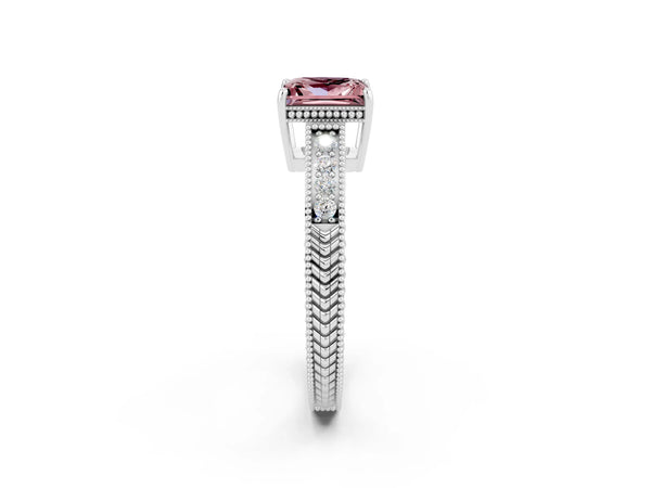 Platinum Princess Cut Morganite Ring with Milgrain Pavé Band and Four-Prong Setting