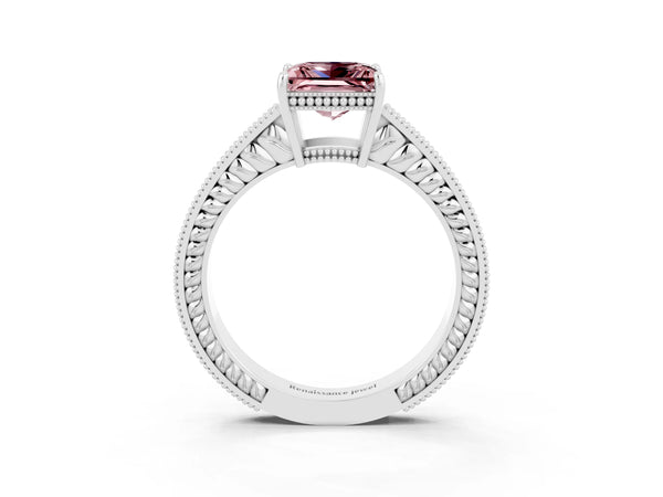 Silver Princess Cut Morganite Ring with Milgrain Pavé Band and Four-Prong Setting