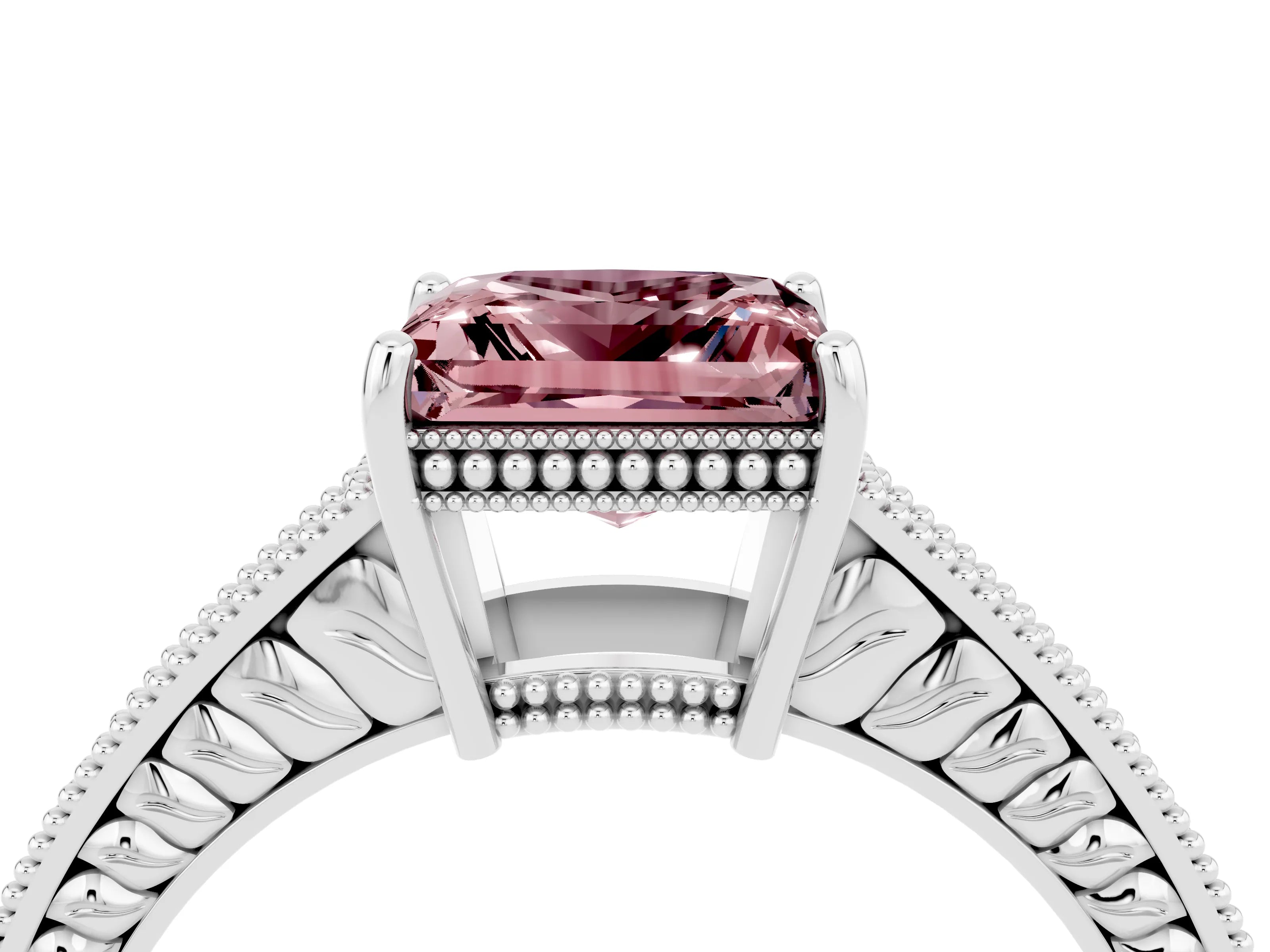 White gold Princess Cut Morganite Ring with Milgrain Pavé Band and Four-Prong Setting_16