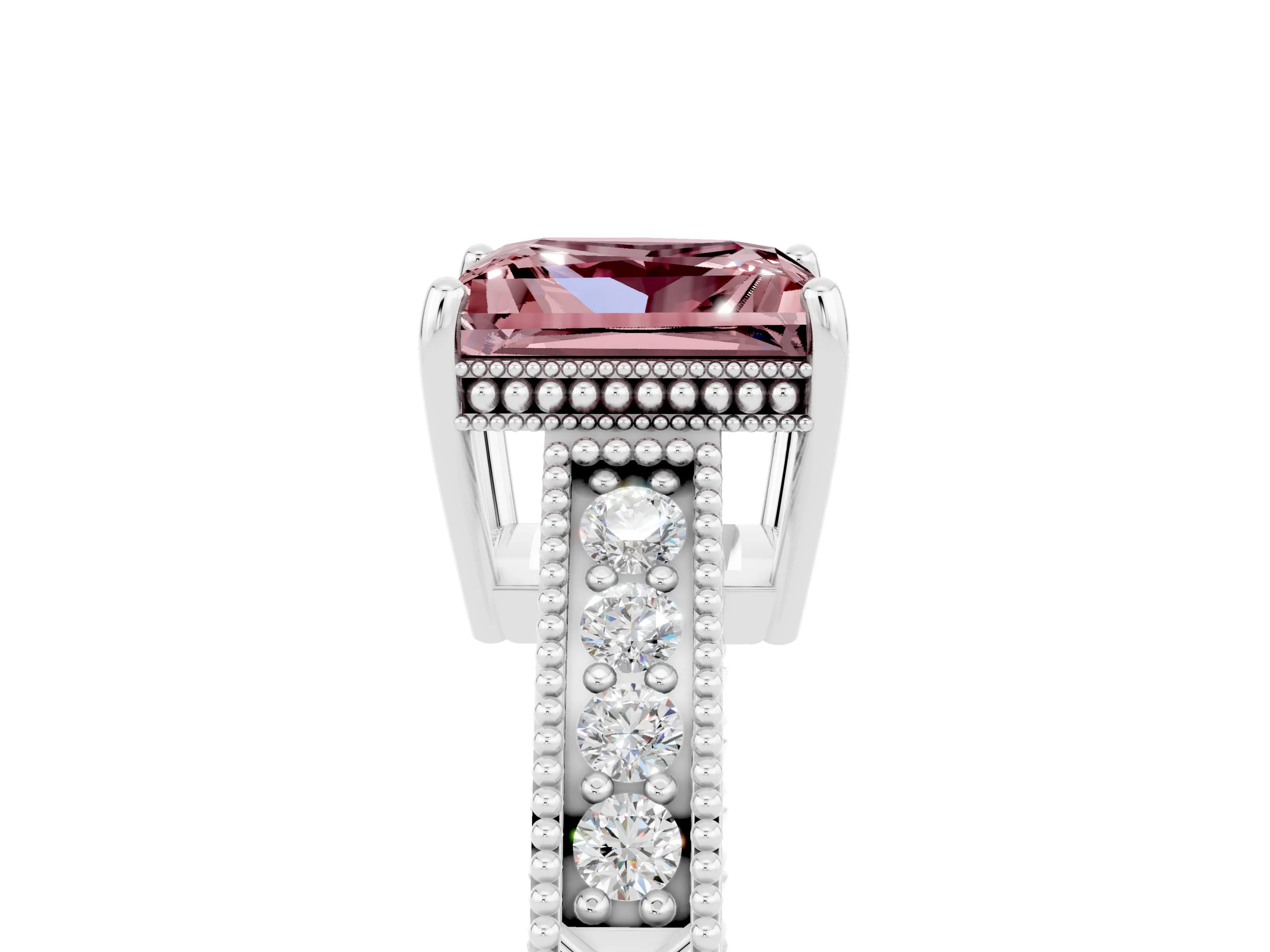 White gold Princess Cut Morganite Ring with Milgrain Pavé Band and Four-Prong Setting_17