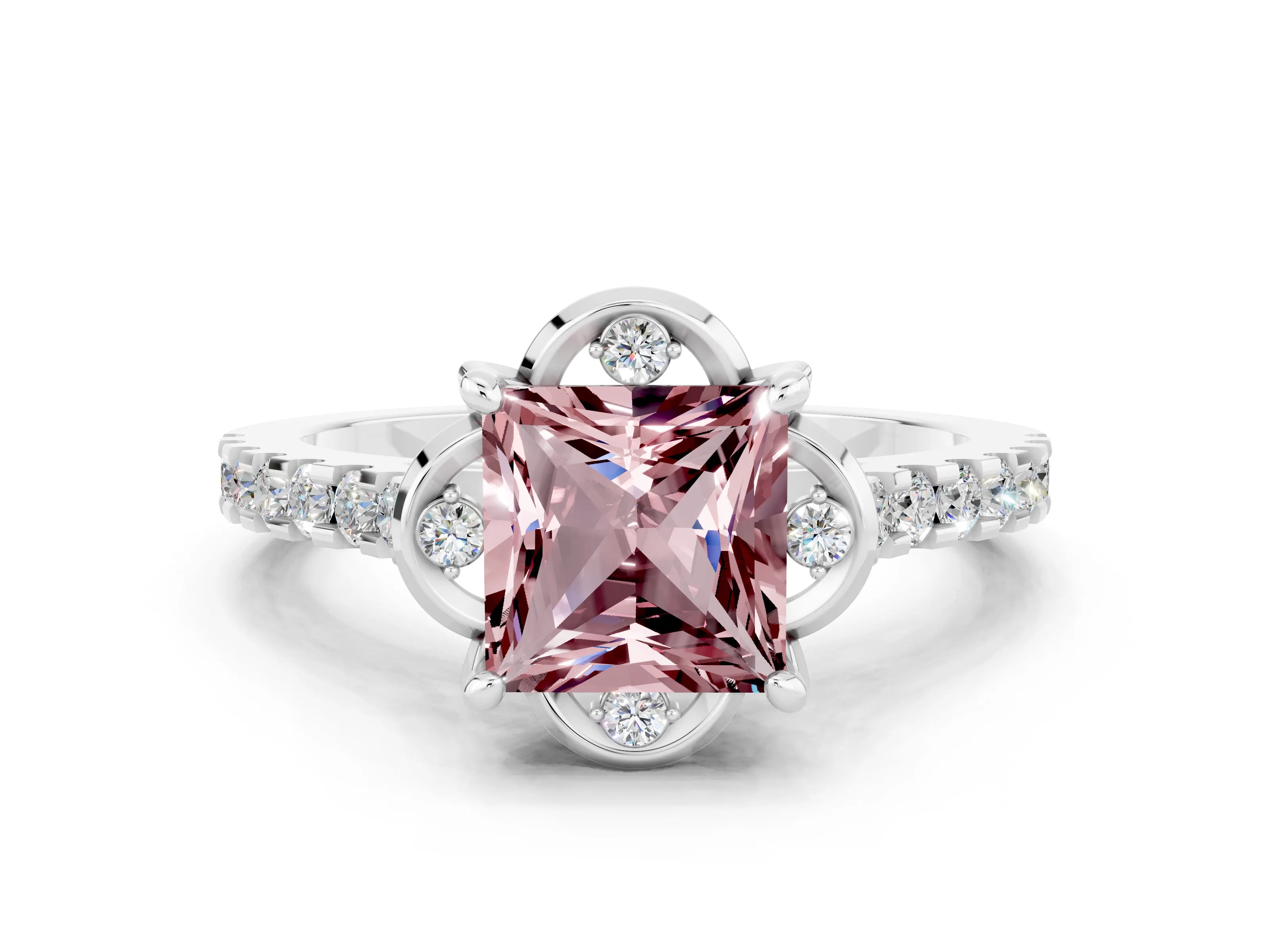 White gold Princess Cut Morganite Ring with Pavé Band and Floral Prong Setting