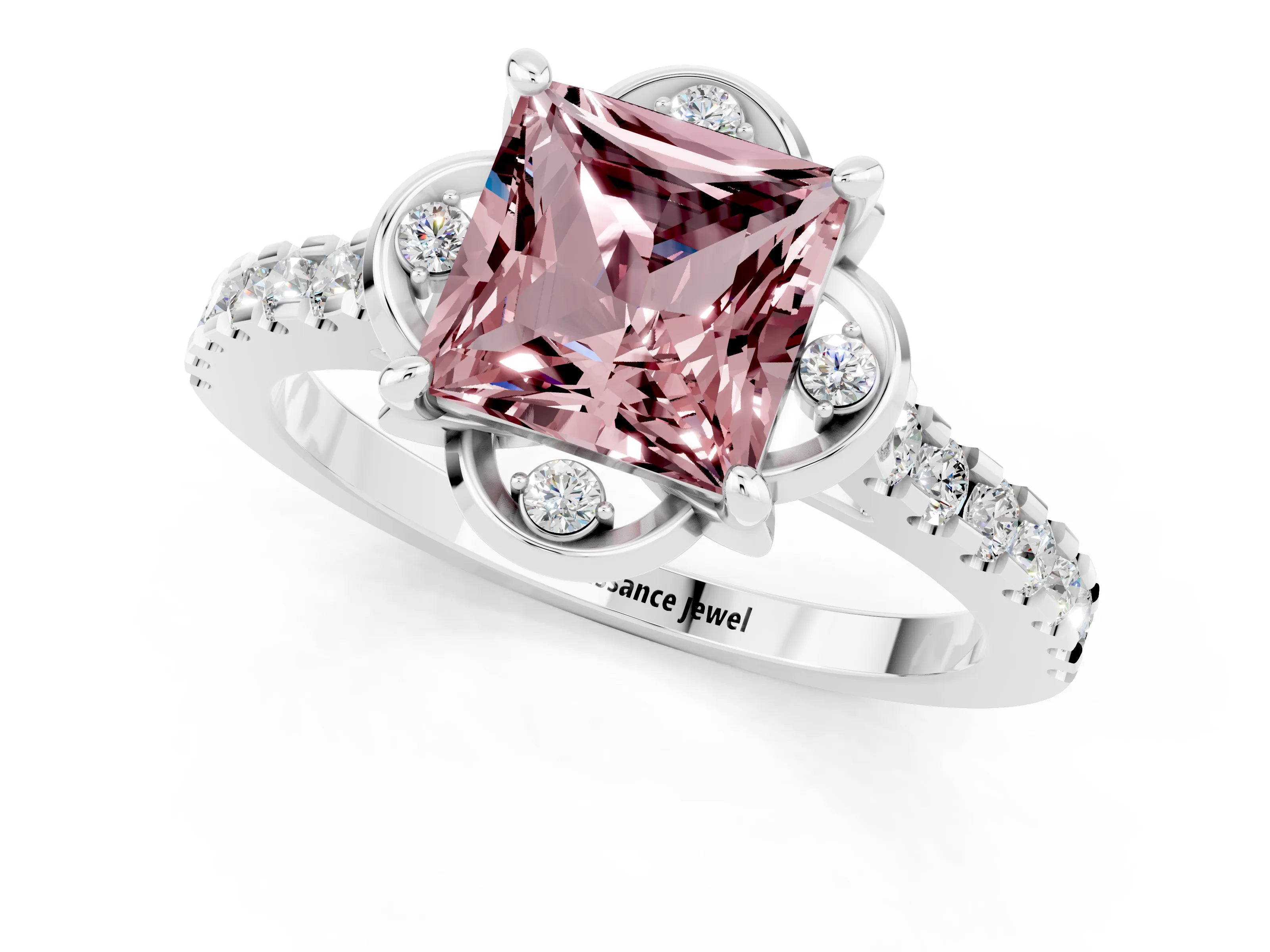 White gold Princess Cut Morganite Ring with Pavé Band and Floral Prong Setting_1