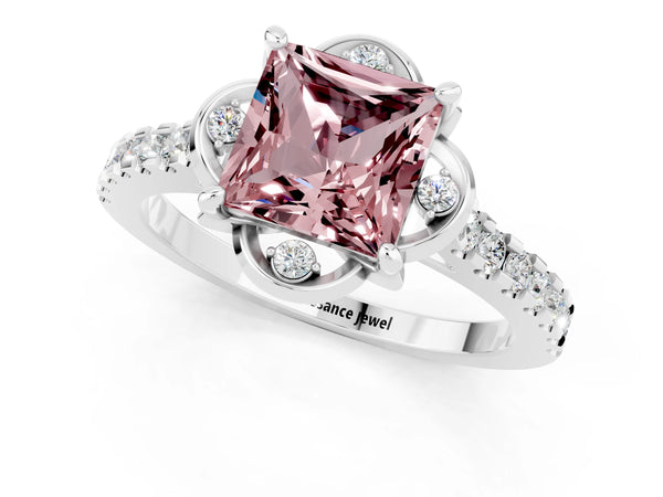 Platinum Princess Cut Morganite Ring with Pavé Band and Floral Prong Setting