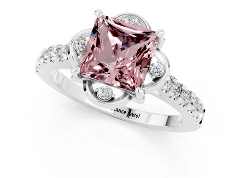 White gold Princess Cut Morganite Ring with Pavé Band and Floral Prong Setting_1