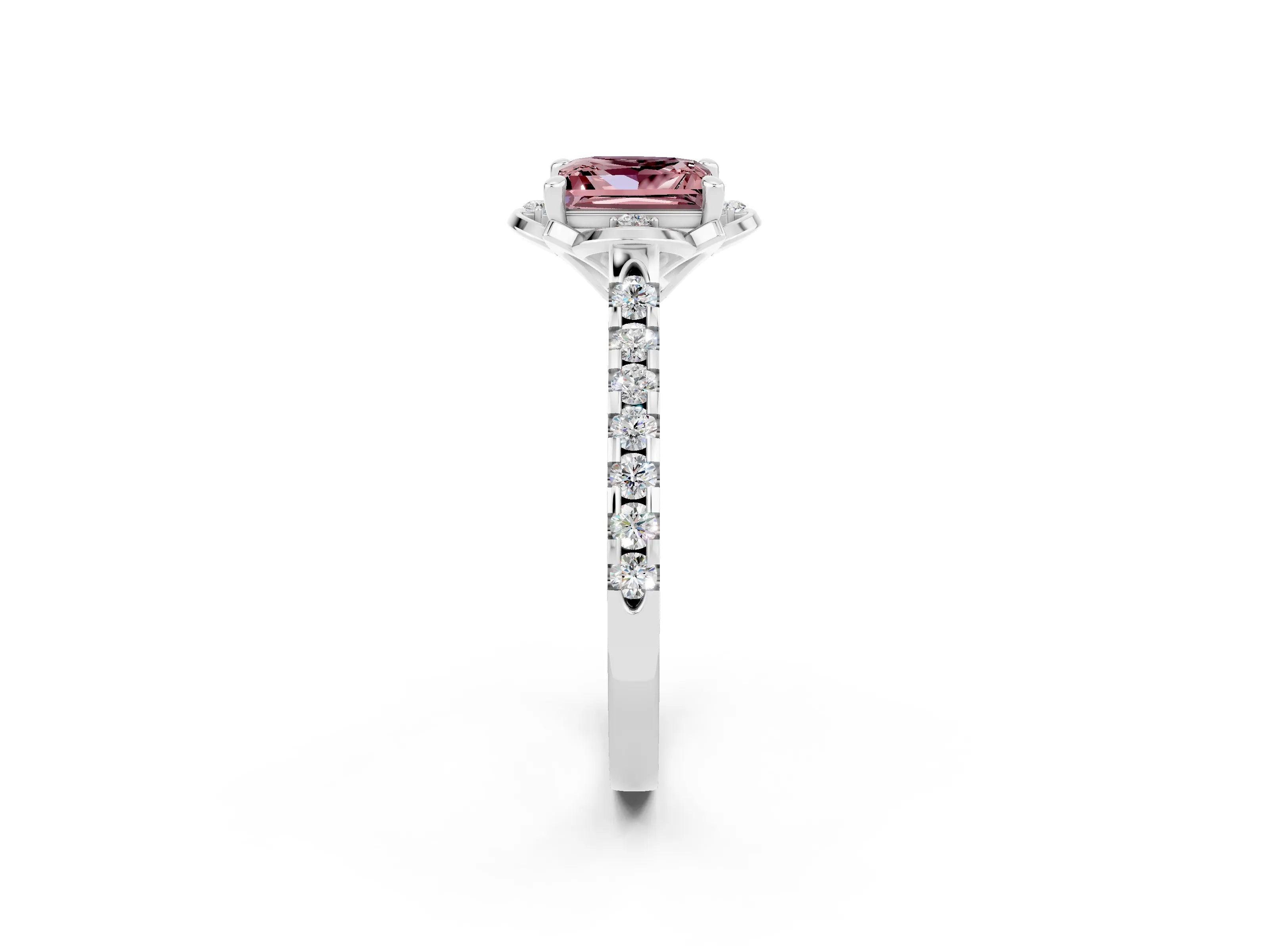 White gold Princess Cut Morganite Ring with Pavé Band and Floral Prong Setting_2
