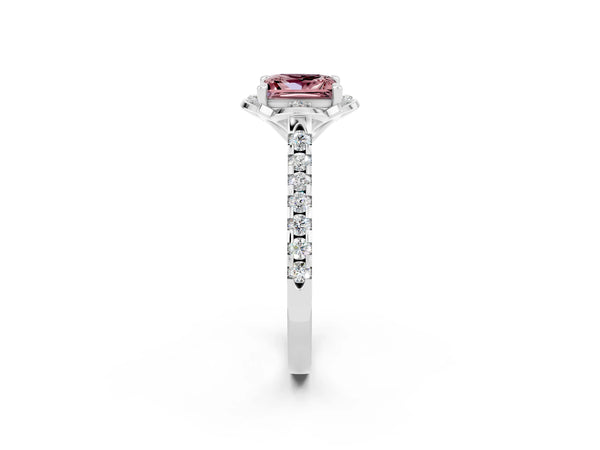 Silver Princess Cut Morganite Ring with Pavé Band and Floral Prong Setting