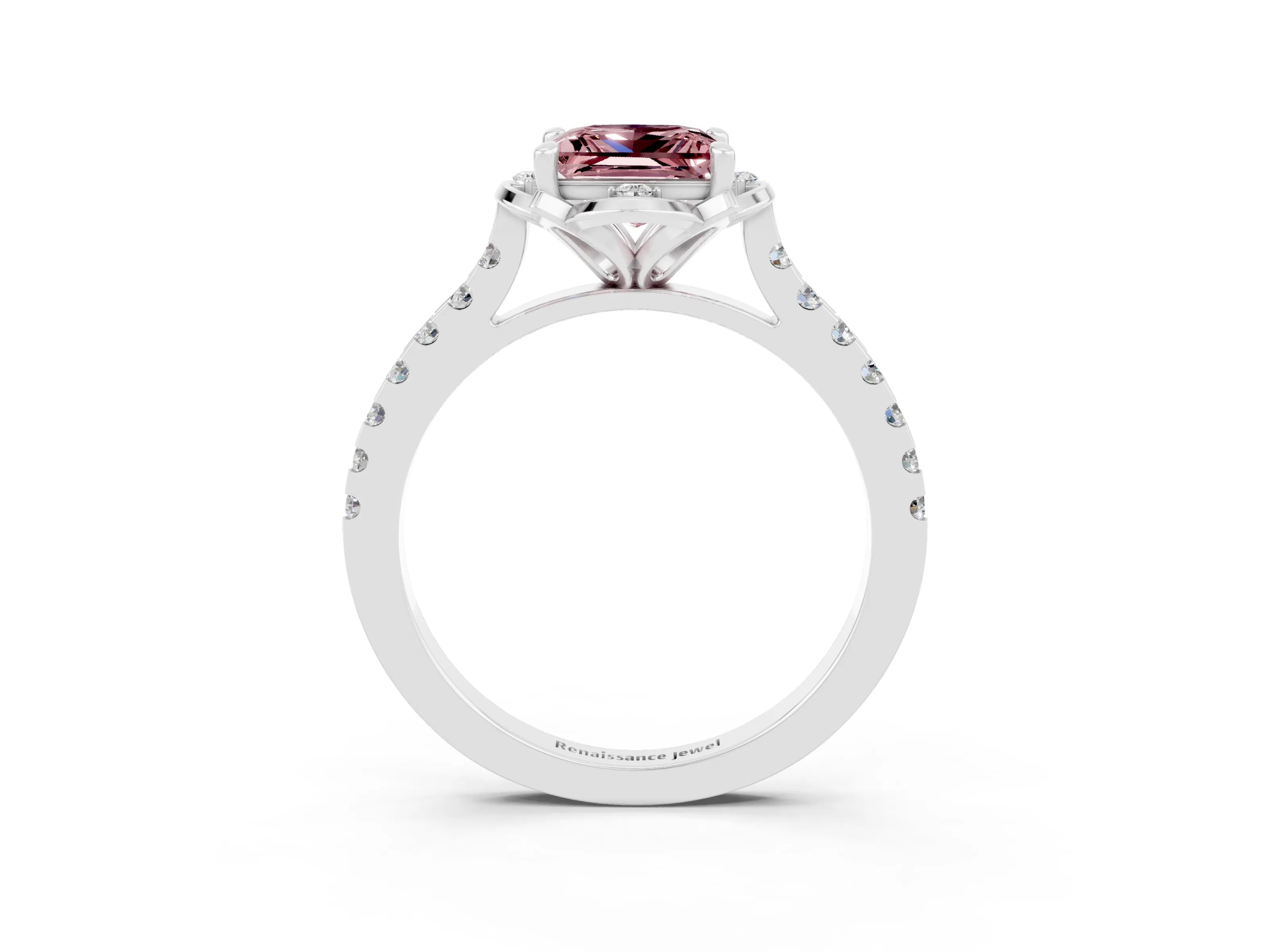 White gold Princess Cut Morganite Ring with Pavé Band and Floral Prong Setting_3