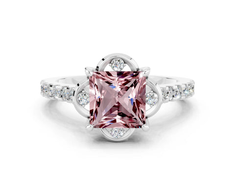 White gold Princess Cut Morganite Ring with Pavé Band and Floral Prong Setting