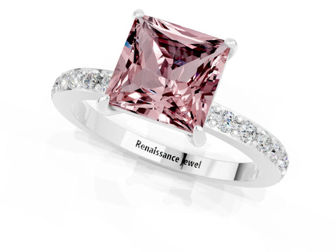 White gold Princess Cut Morganite Ring with Pavé Band and Four-Prong Setting_1