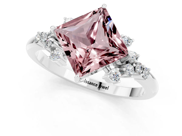 Platinum Princess Cut Morganite Ring with Side Stones and Four-Prong Setting