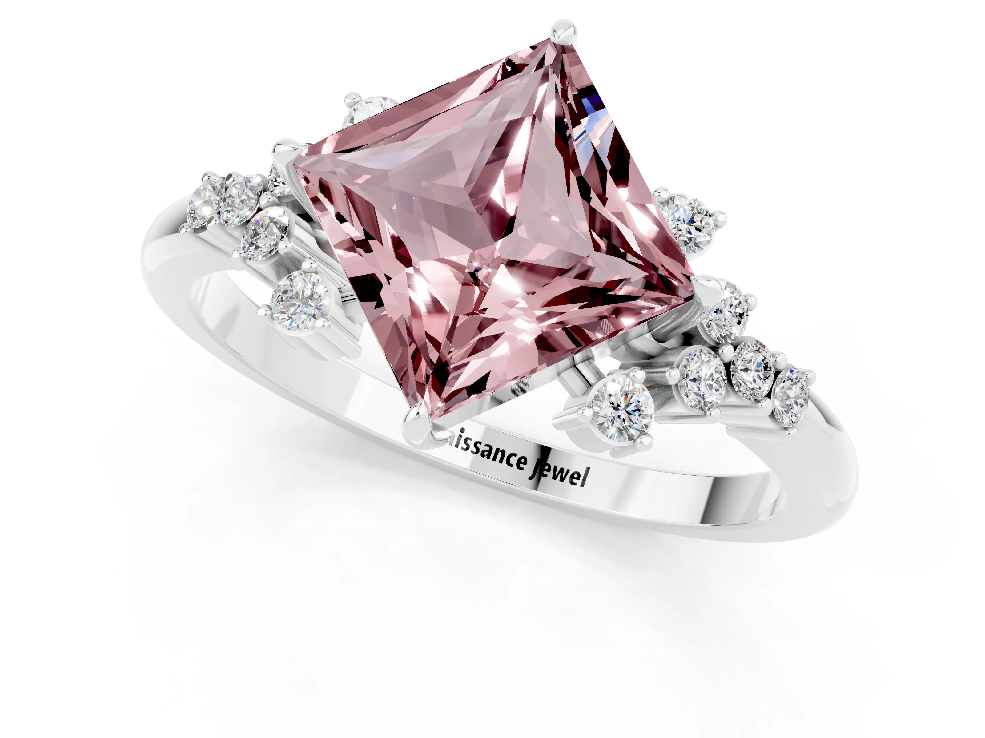 White gold Princess Cut Morganite Ring with Side Stones and Four-Prong Setting_37