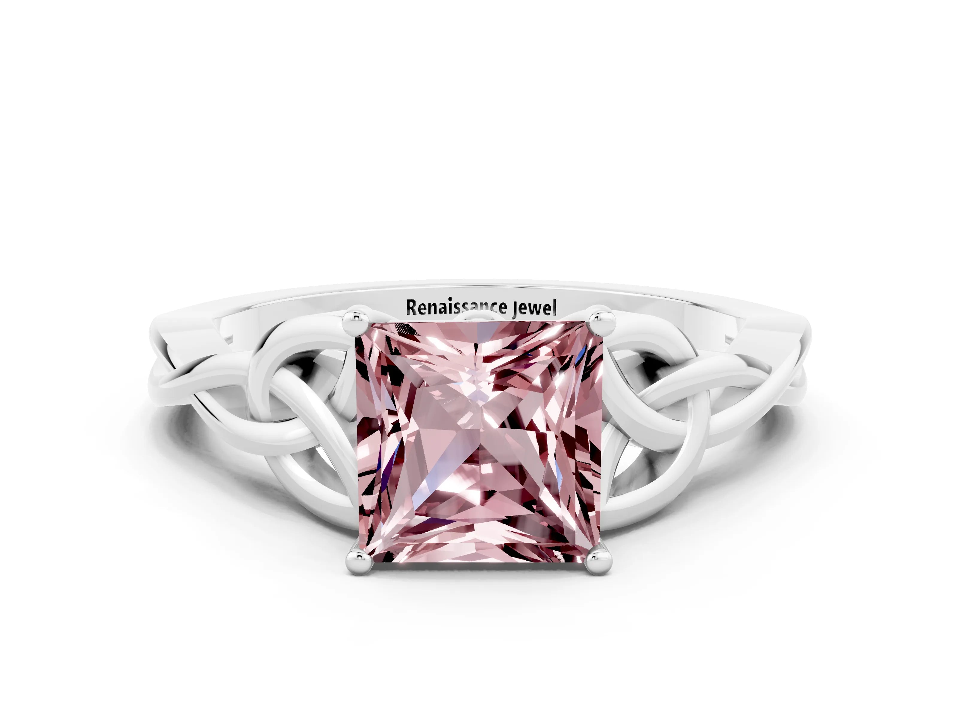 White gold Princess Cut Morganite Solitaire Celtic Knot Ring with Four-Prong Setting_12