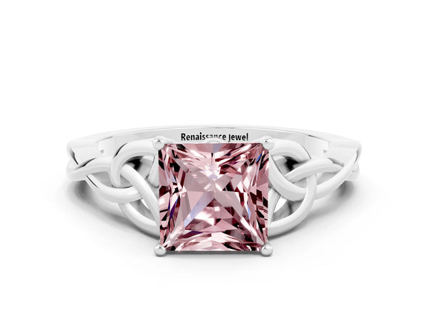 White gold Princess Cut Morganite Solitaire Celtic Knot Ring with Four-Prong Setting
