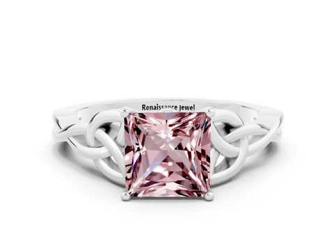 White gold Princess Cut Morganite Solitaire Celtic Knot Ring with Four-Prong Setting_12