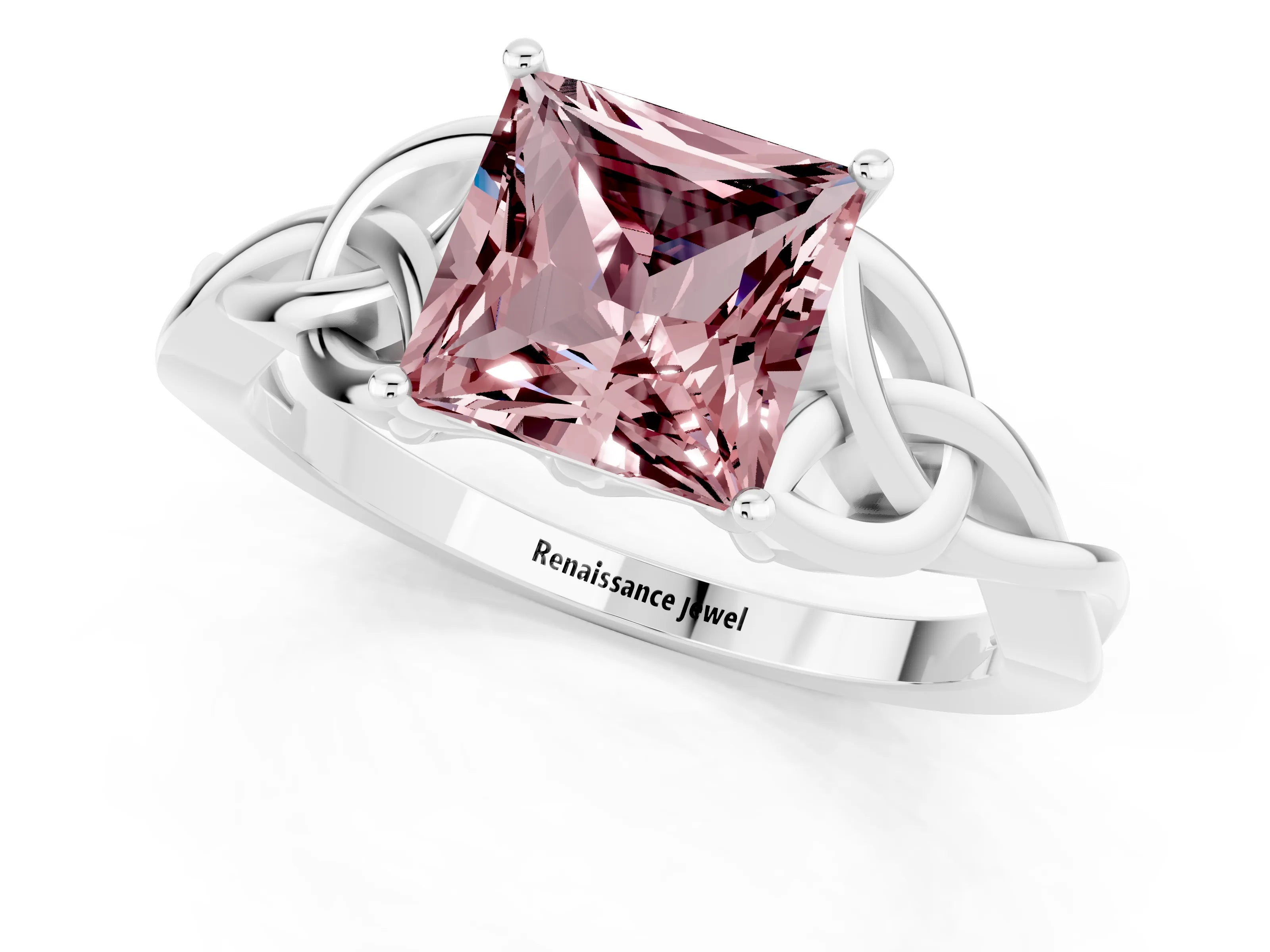 White gold Princess Cut Morganite Solitaire Celtic Knot Ring with Four-Prong Setting_13