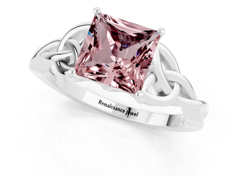 White gold Princess Cut Morganite Solitaire Celtic Knot Ring with Four-Prong Setting_13