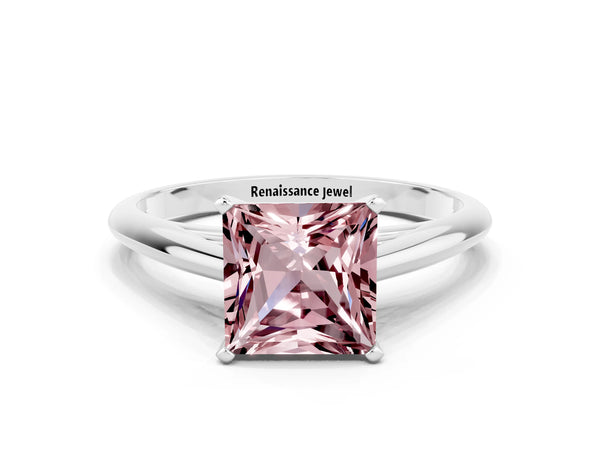 Silver Princess Cut Morganite Solitaire Engagement Ring with Cathedral Setting and Four-Prong Mount