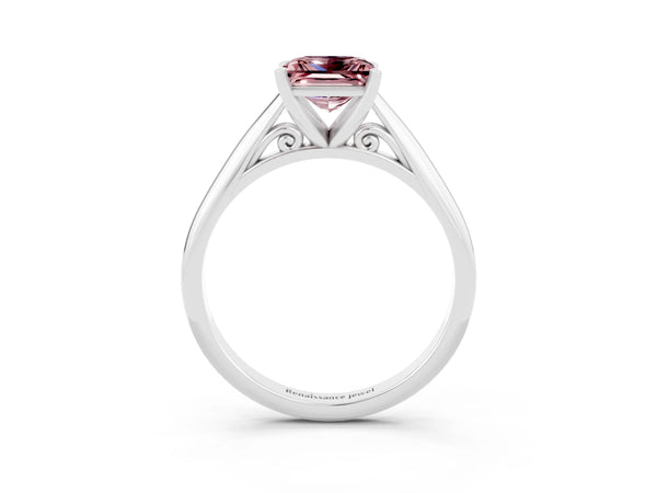 White gold Princess Cut Morganite Solitaire Engagement Ring with Cathedral Setting and Four-Prong Mount