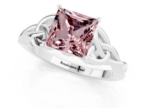 White gold Princess Cut Morganite Solitaire Engagement Ring with Celtic Knot Band and Four-Prong Setting_1