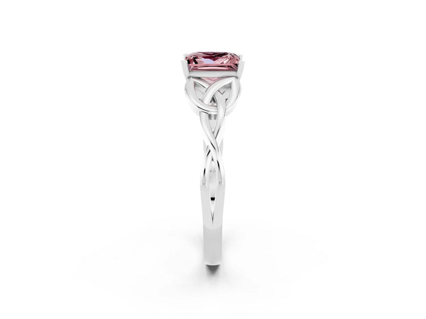 Platinum Princess Cut Morganite Solitaire Engagement Ring with Celtic Knot Band and Four-Prong Setting