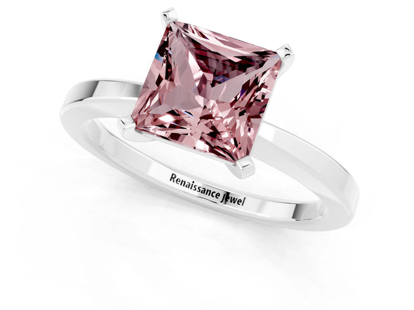 White gold Princess Cut Morganite Solitaire Engagement Ring with Classic Band and Four-Prong Setting