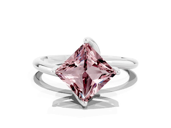 White gold Princess Cut Morganite Solitaire Engagement Ring with Four-Prong Setting and Classic Band