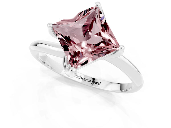Platinum Princess Cut Morganite Solitaire Engagement Ring with Four-Prong Setting and Classic Band