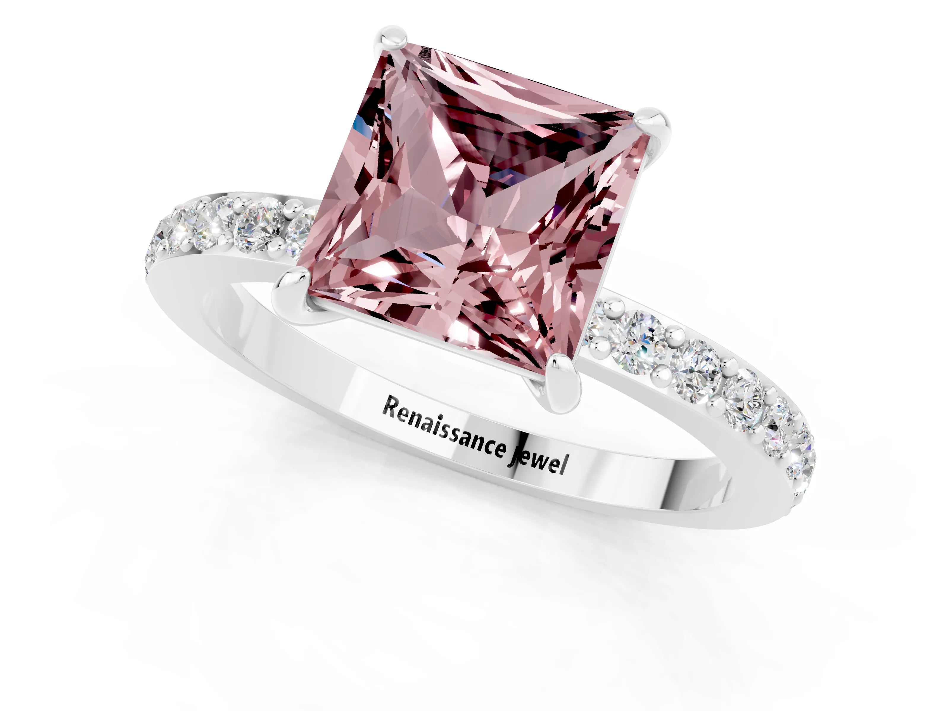 White gold Princess Cut Morganite Solitaire Engagement Ring with Pavé Band and Four-Prong Setting_1