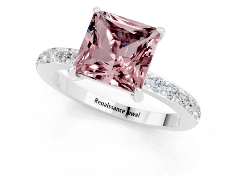White gold Princess Cut Morganite Solitaire Engagement Ring with Pavé Band and Four-Prong Setting_1