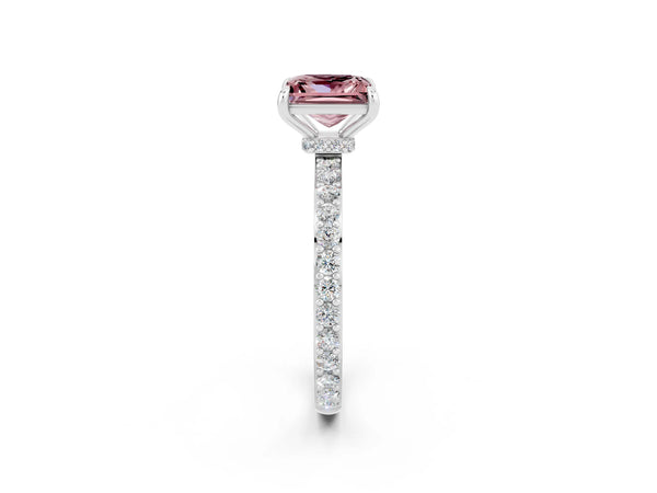White gold Princess Cut Morganite Solitaire Engagement Ring with Pavé Band and Four-Prong Setting