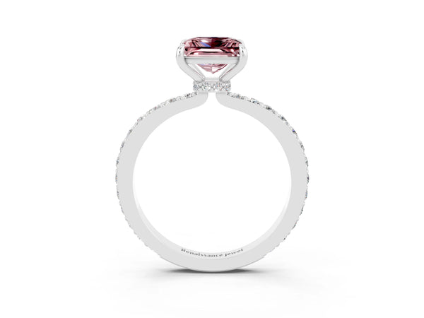 Platinum Princess Cut Morganite Solitaire Engagement Ring with Pavé Band and Four-Prong Setting