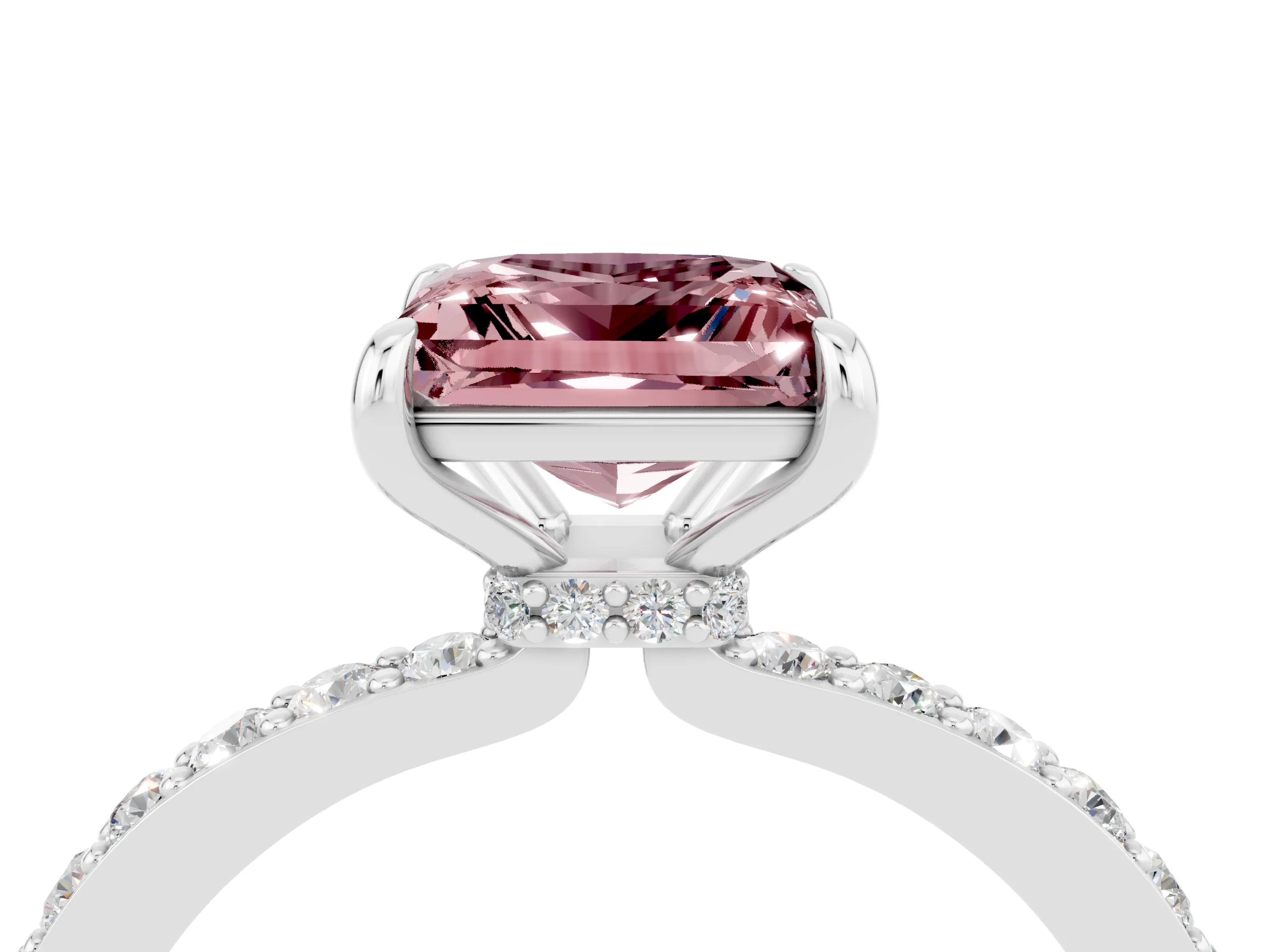 White gold Princess Cut Morganite Solitaire Engagement Ring with Pavé Band and Four-Prong Setting_4