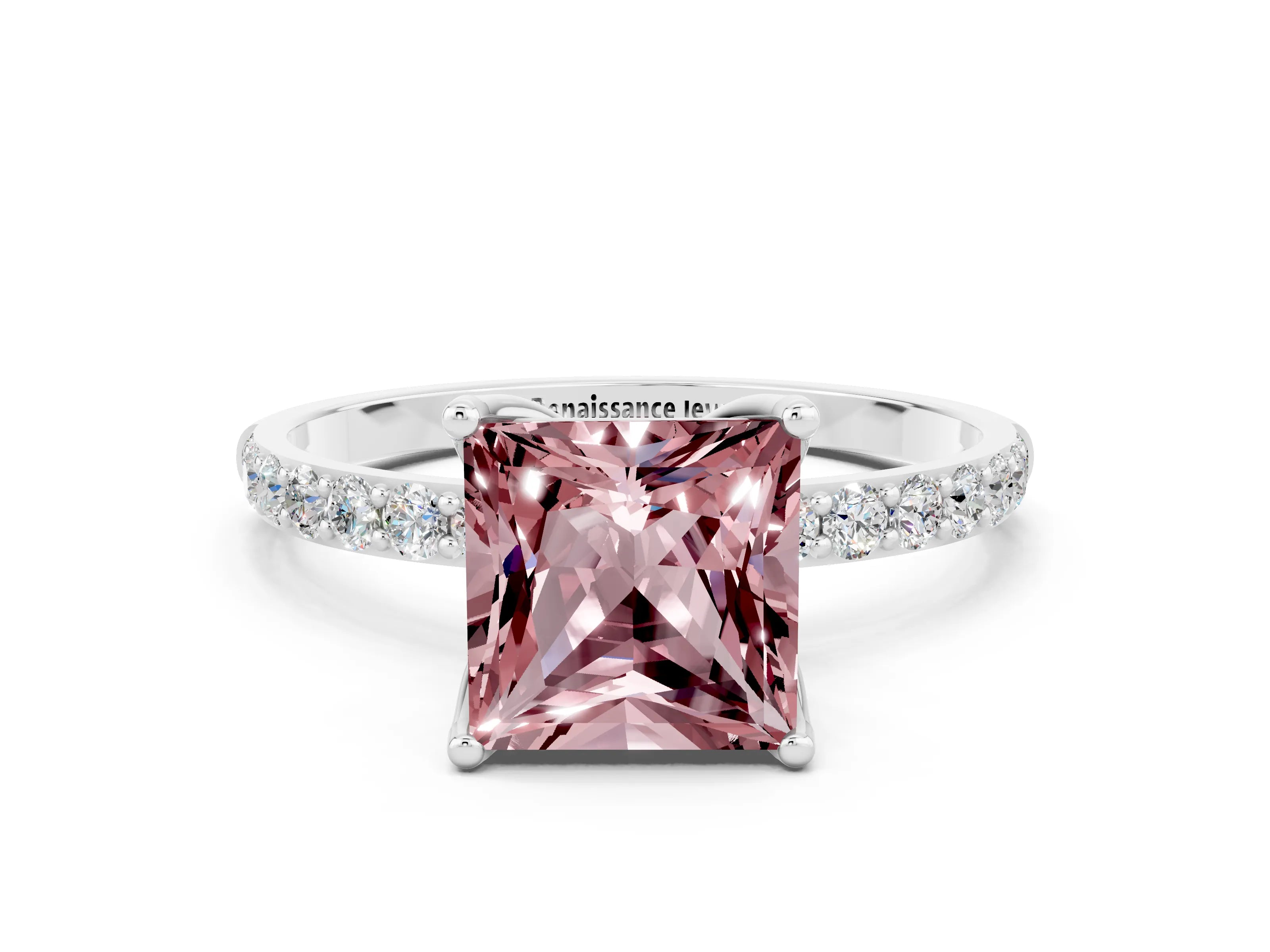 White gold Princess Cut Morganite Solitaire Engagement Ring with Pavé Band and Prong Setting