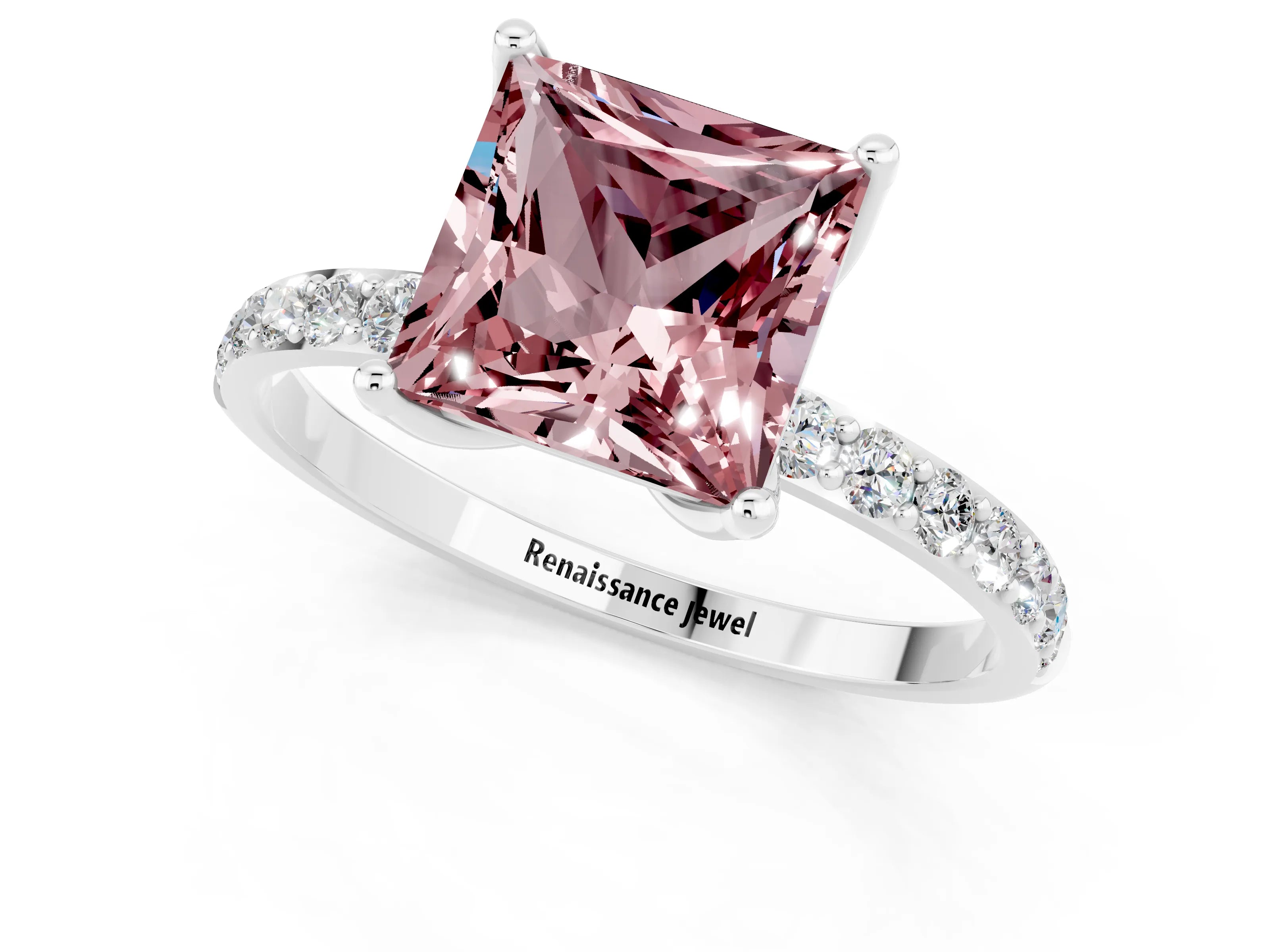 White gold Princess Cut Morganite Solitaire Engagement Ring with Pavé Band and Prong Setting_1