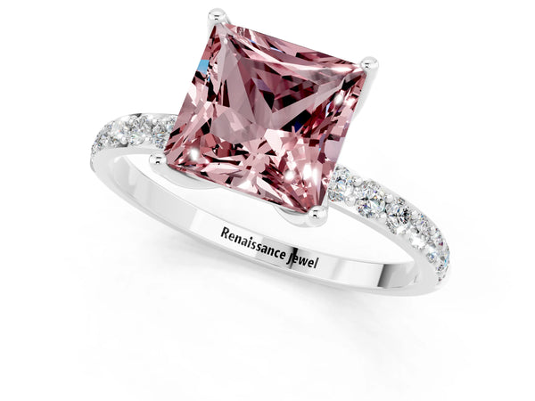 White gold Princess Cut Morganite Solitaire Engagement Ring with Round  Pavé Band and Prong Setting