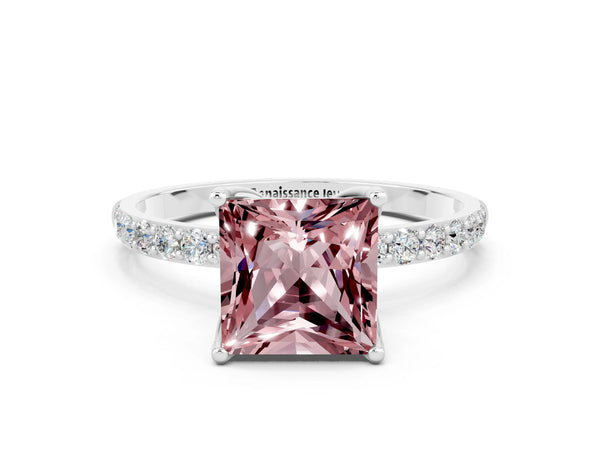 White gold Princess Cut Morganite Solitaire Engagement Ring with Round  Pavé Band and Prong Setting
