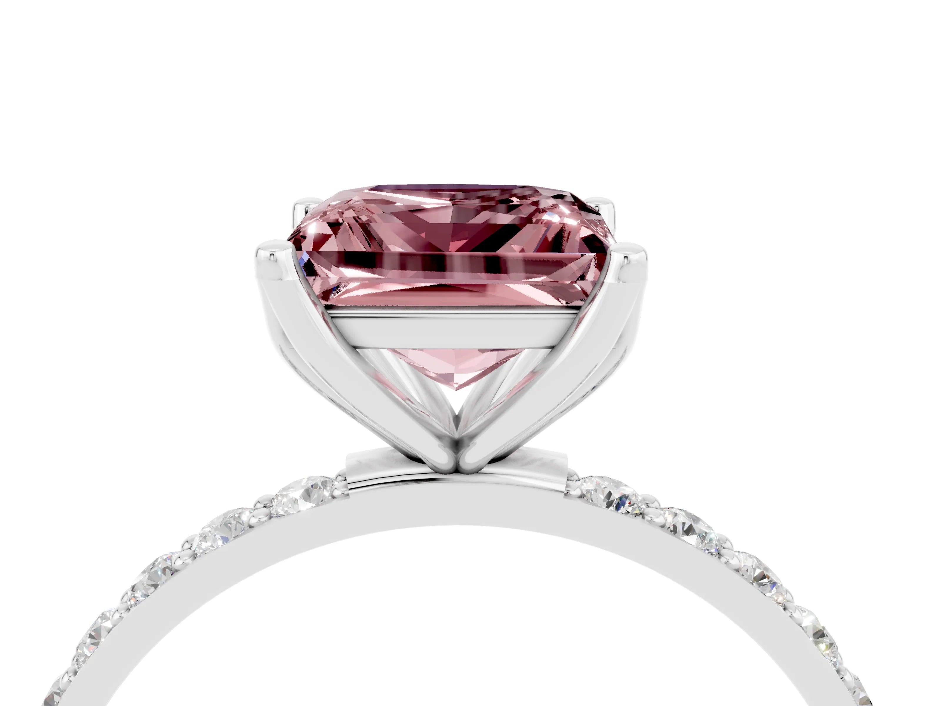 White gold Princess Cut Morganite Solitaire Engagement Ring with Pavé Band and Prong Setting_4